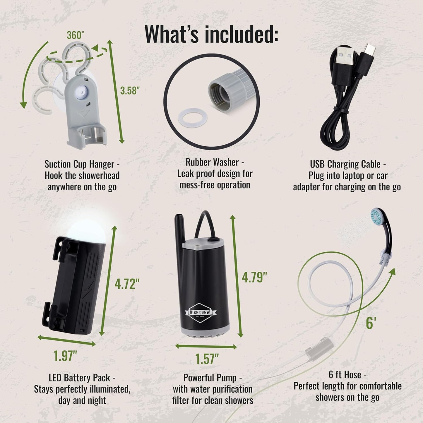 Battery-Operated Camping Shower w/LED Light, Outdoor Handheld Portable Shower for Camping