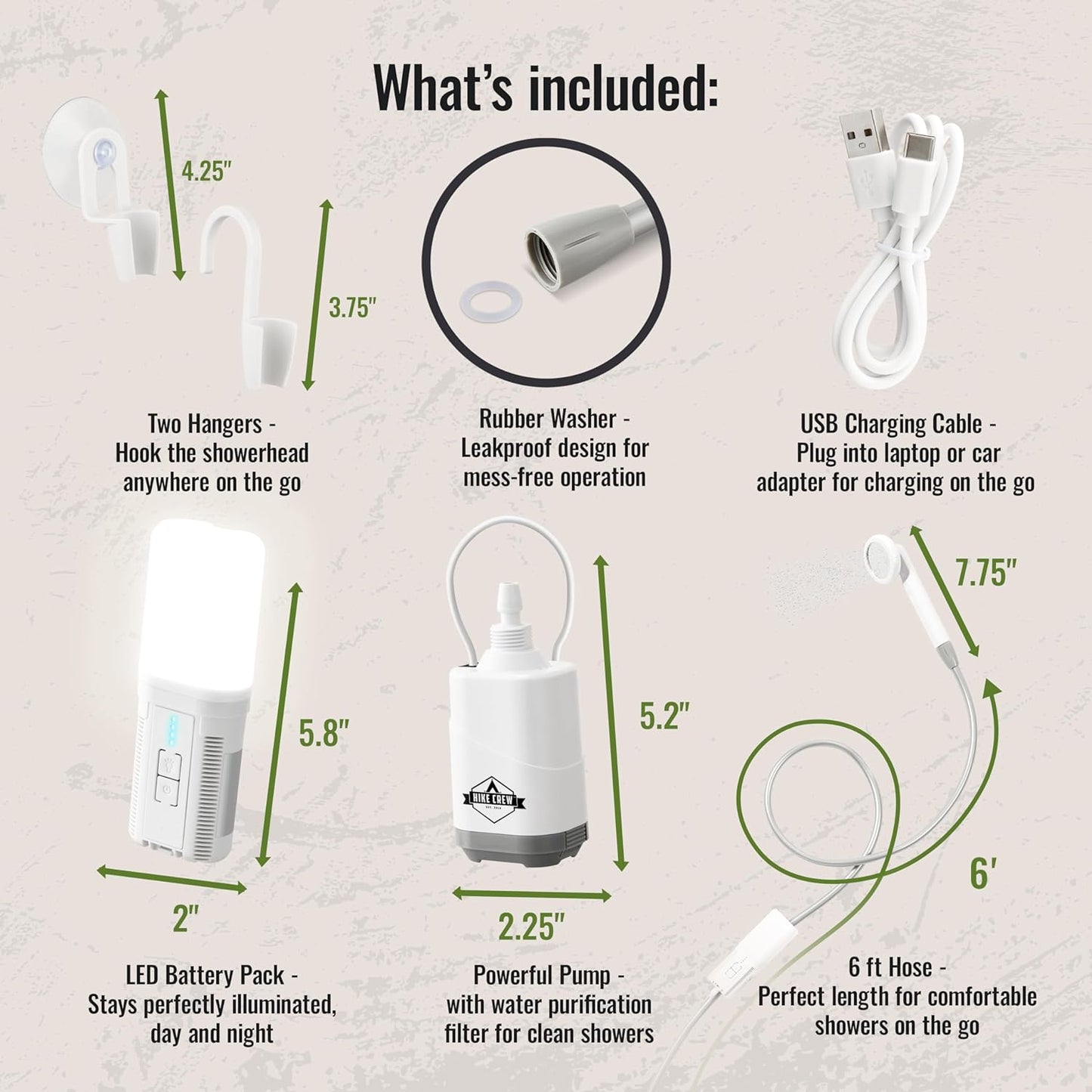Hike Crew Portable Battery-Operated Shower with LED Light and Adjustable Showerhead