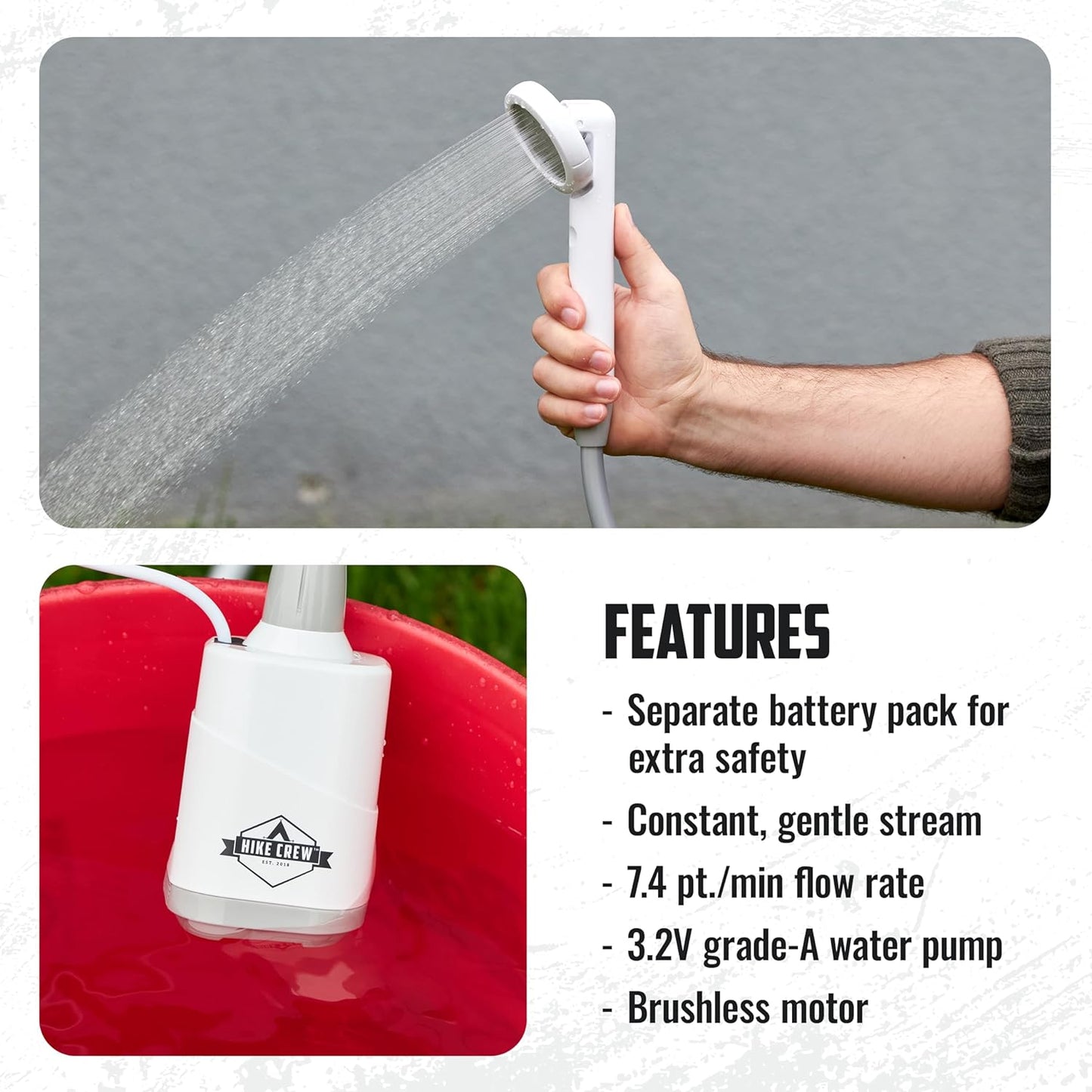 Hike Crew Portable Battery-Operated Shower with LED Light and Adjustable Showerhead