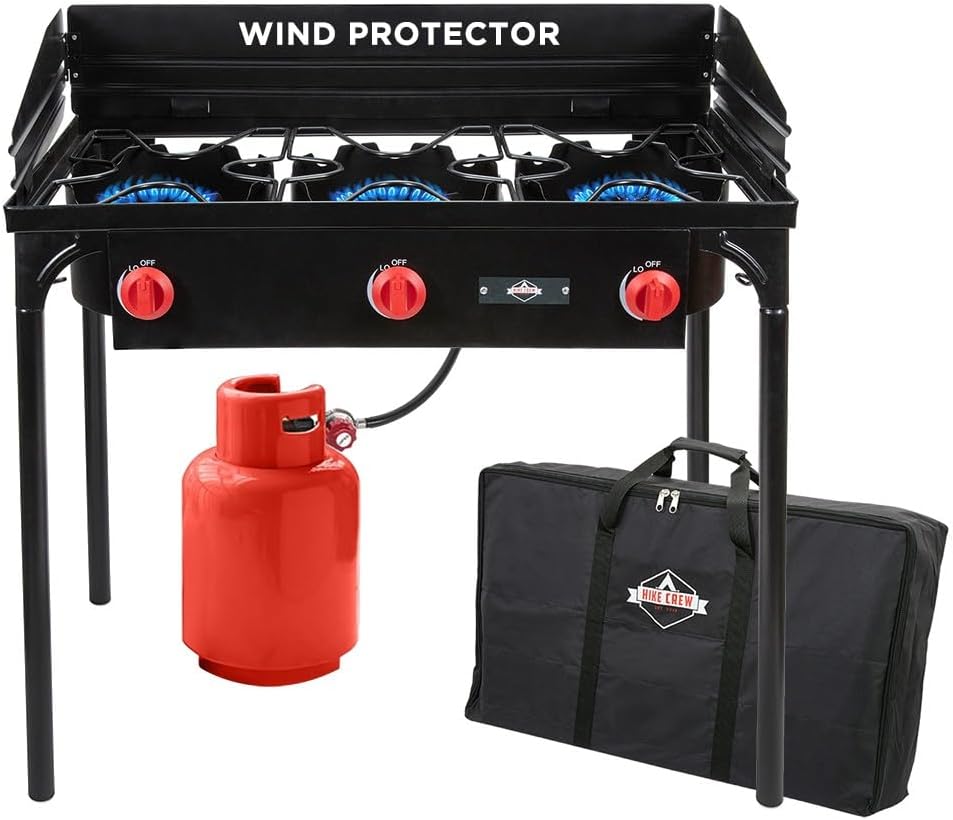 225,000 BTU Portable Gas Stove with 3 Burners, Legs, Wind Panels & Temperature Control
