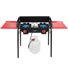 Load image into Gallery viewer, Cast Iron Portable Camping Stove w/Side Shelves, 150,000 BTU Double Burner Camp Stove
