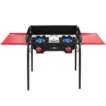 Load image into Gallery viewer, Cast Iron Portable Camping Stove w/Side Shelves, 150,000 BTU Double Burner Camp Stove
