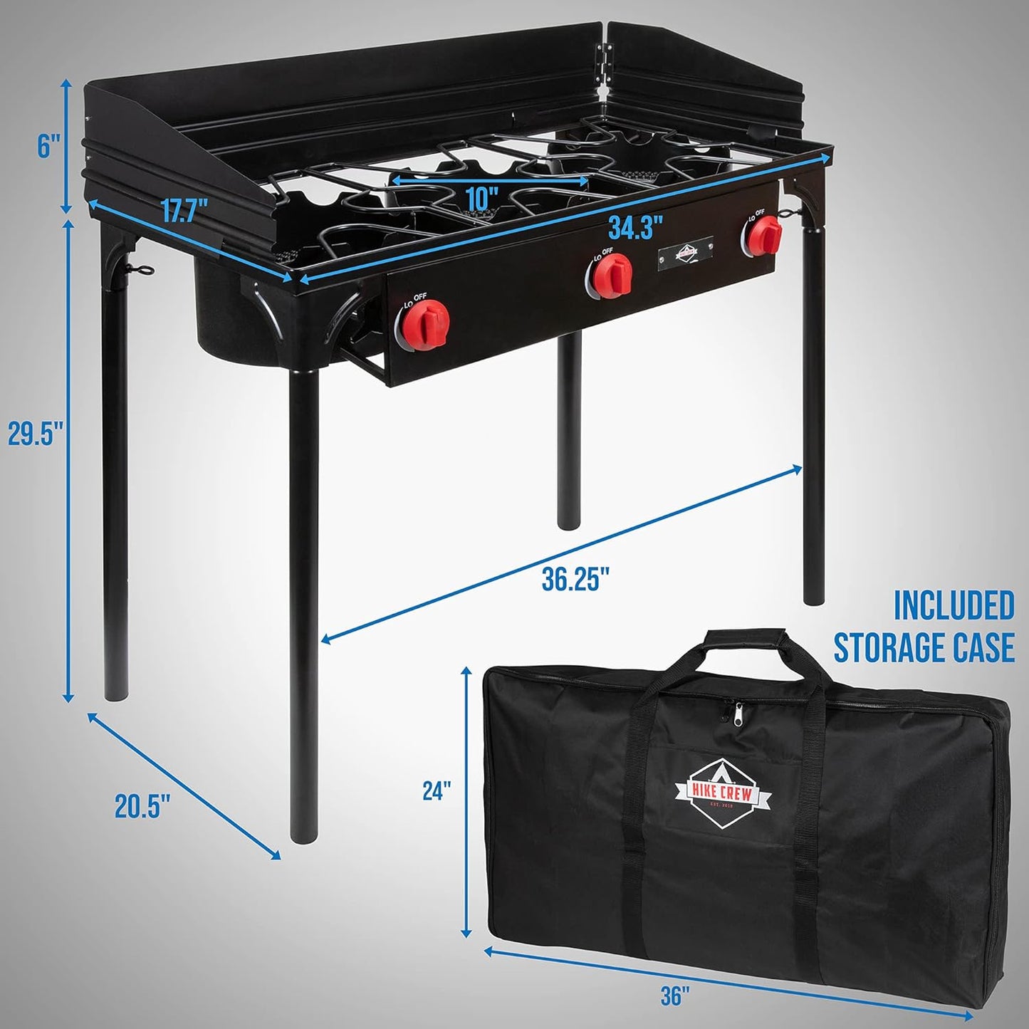 225,000 BTU Portable Gas Stove with 3 Burners, Legs, Wind Panels & Temperature Control