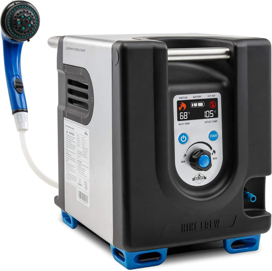 Portable Propane Water Heater and Shower Pump with Built-In Battery, Safety Shutoff and Case