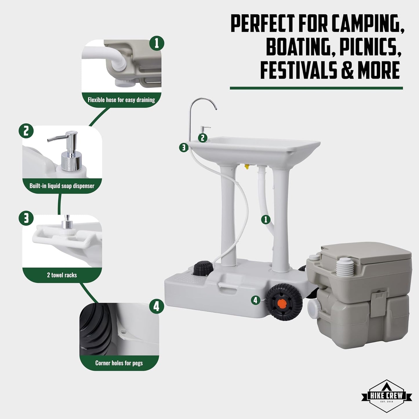 XL Portable Camping Sink & Camping Toilet, 8 Gal Camping Sink Station w/5 Gal Waste Tank