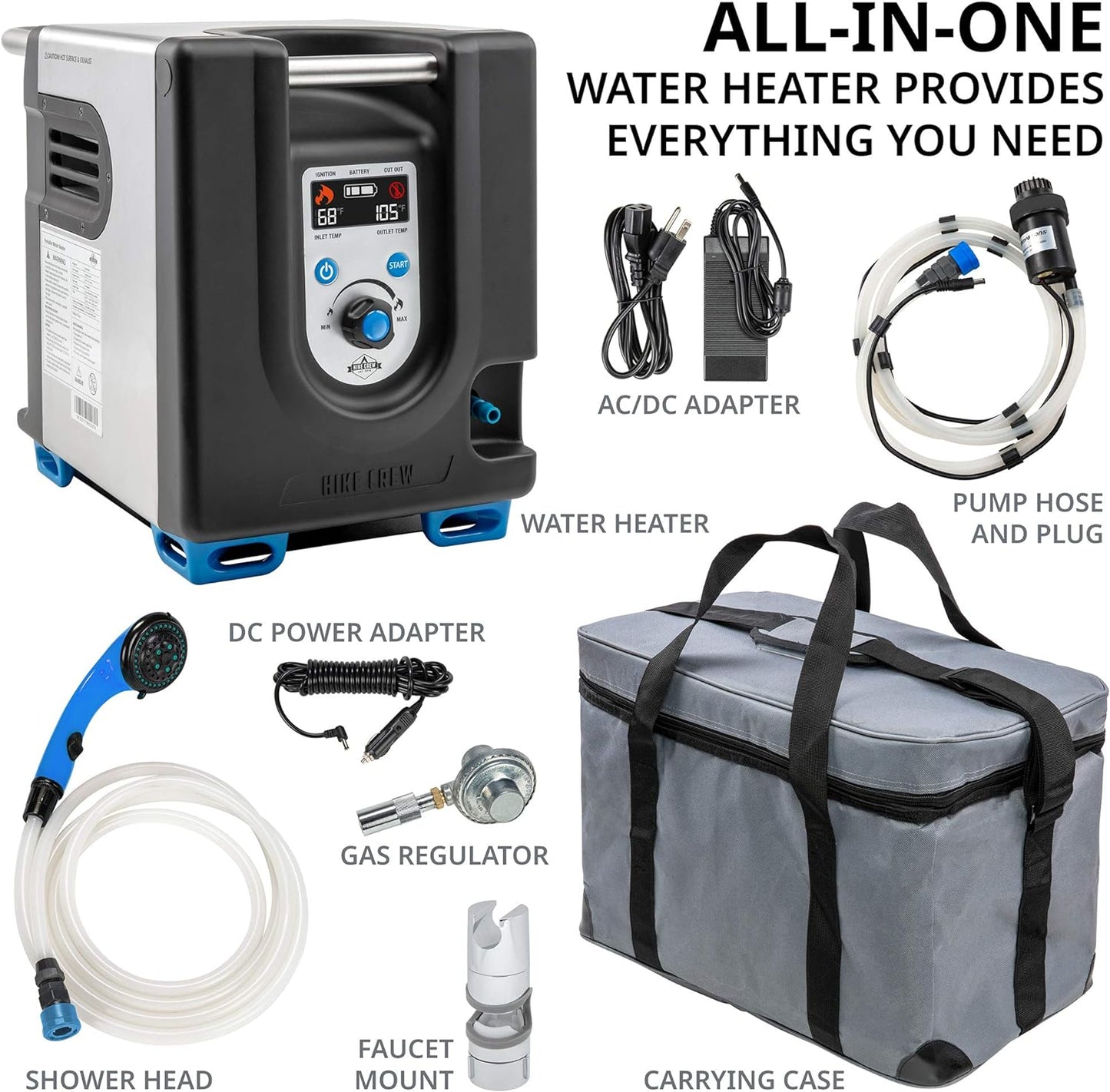 Portable Propane Water Heater and Shower Pump with Built-In Battery, Safety Shutoff and Case