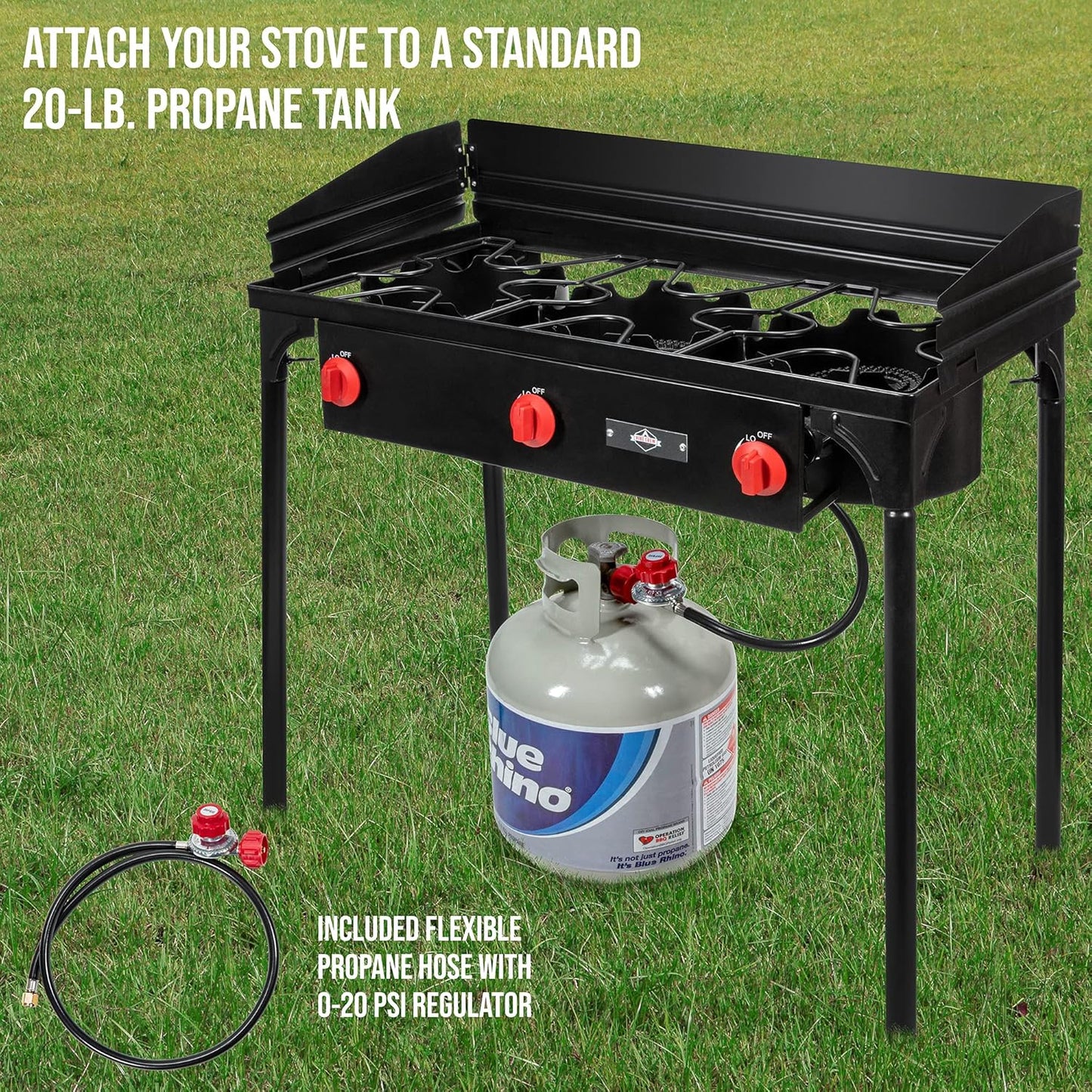 225,000 BTU Portable Gas Stove with 3 Burners, Legs, Wind Panels & Temperature Control