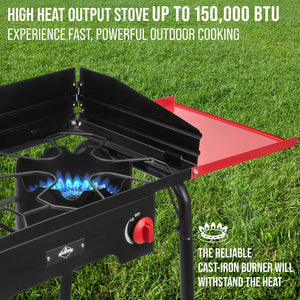Cast Iron Portable Camping Stove w/Side Shelves, 150,000 BTU Double Burner Camp Stove
