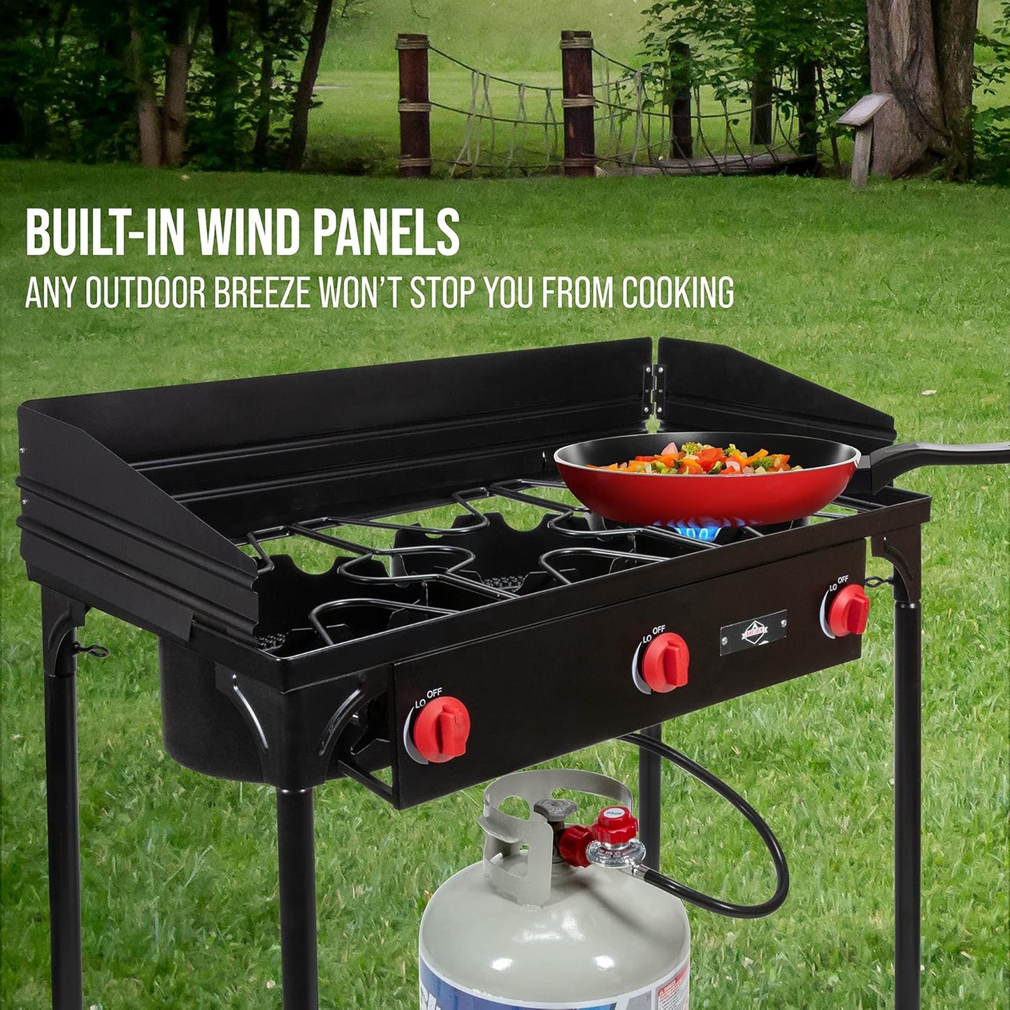 225,000 BTU Portable Gas Stove with 3 Burners, Legs, Wind Panels & Temperature Control