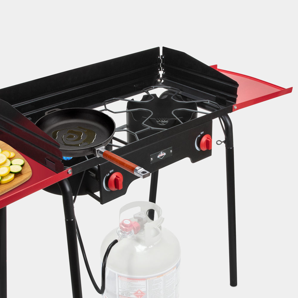 Cast Iron Portable Camping Stove with Side Shelves, 150,000 BTU Double Burner Camp Stove