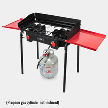 Load image into Gallery viewer, Cast Iron Portable Camping Stove with Side Shelves, 150,000 BTU Double Burner Camp Stove
