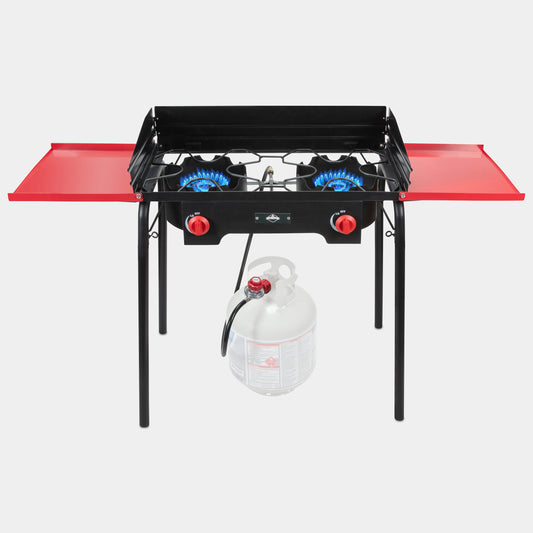 Cast Iron Portable Camping Stove with Side Shelves, 150,000 BTU Double Burner Camp Stove