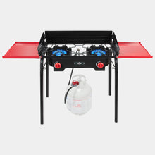 Load image into Gallery viewer, Cast Iron Portable Camping Stove with Side Shelves, 150,000 BTU Double Burner Camp Stove
