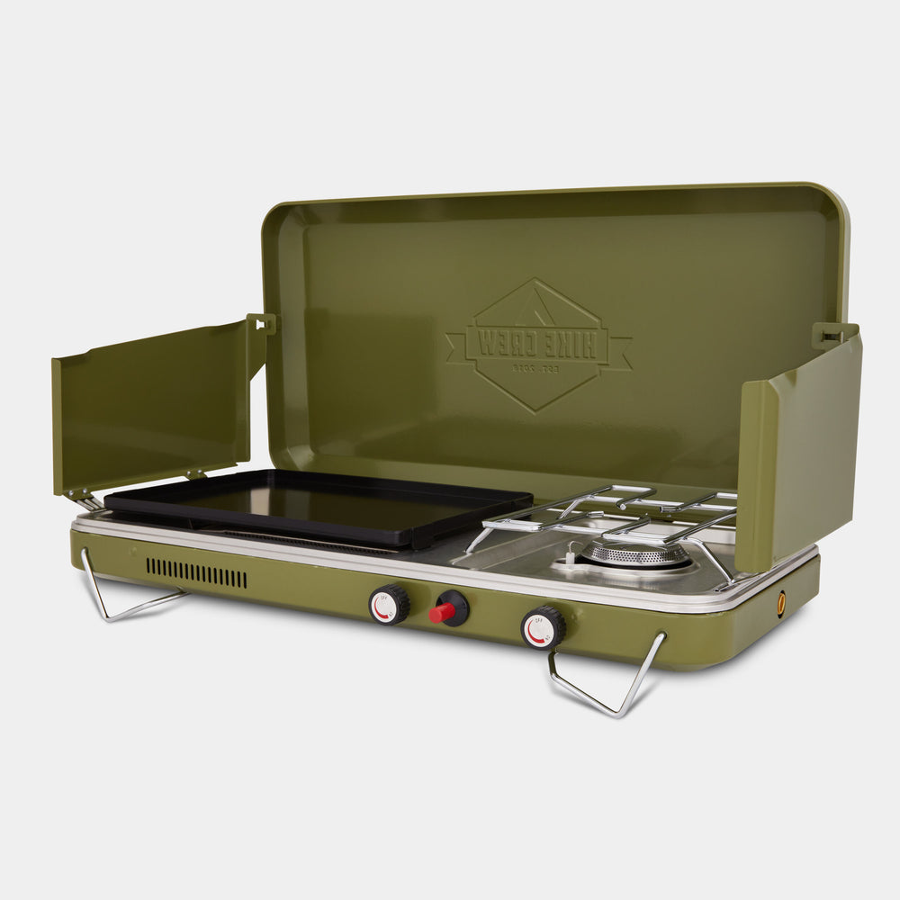 2-in-1 Camping Portable Propane Stove with Grill and Integrated Igniter